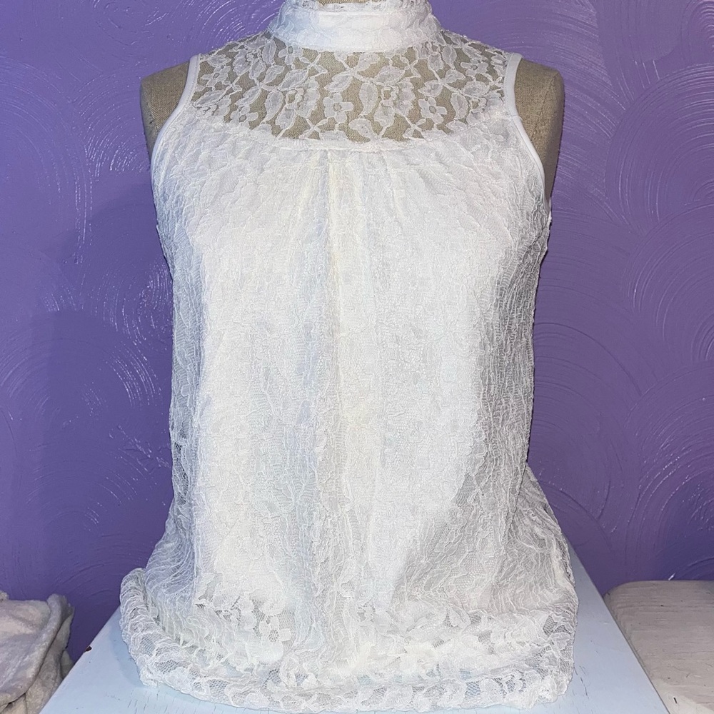 White Lace Floral Mock Neck Sleeveless Blouse